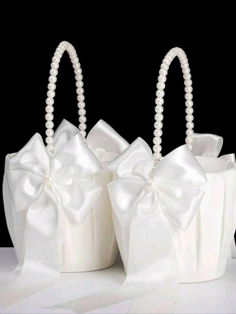 White Satin Flower Girl Basket with Pearl Handle 2pcs SET